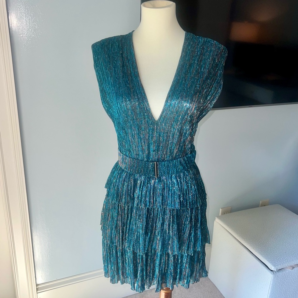 Sabina Musayev Shimmering Blue Tiered Mini Dress - Picture 2 of 3